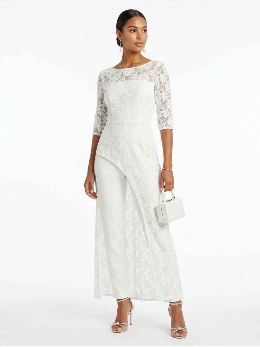 Kay Unger Delia Walk-Thru Jumpsuit Womens 12 White Lace Overlay Maxi Dress Pant